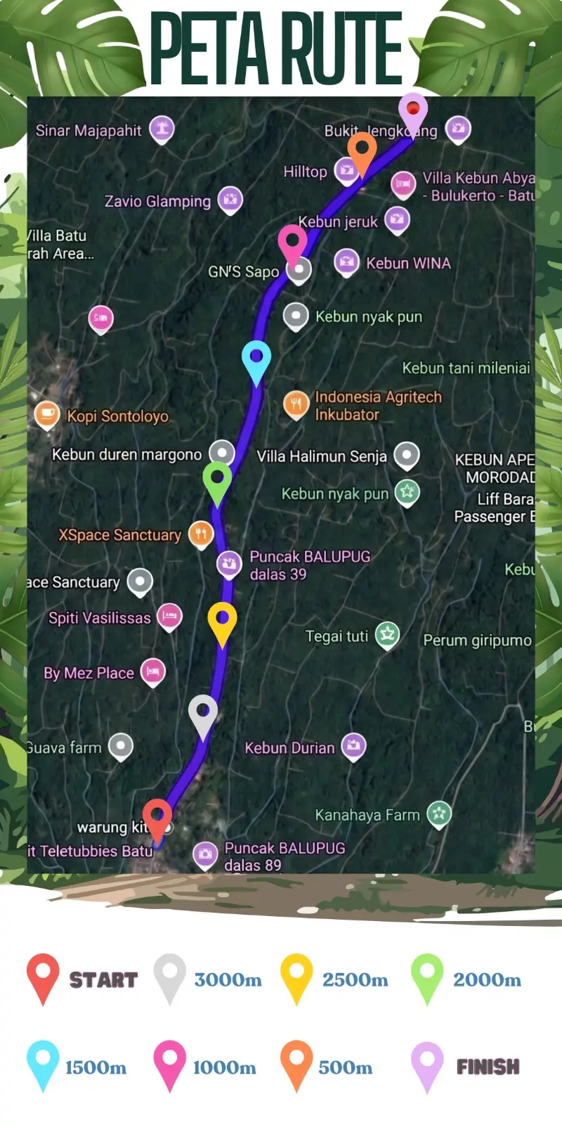 Peta rute Bukit Jengkoang dengan penanda START, 3000 meter, 2500 meter, 2000 meter, 1500 meter, 1000 meter, 500 meter dan FINISH